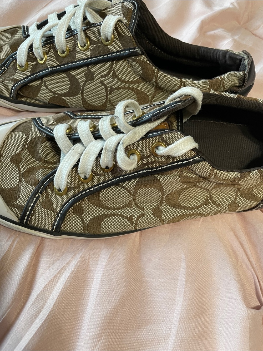 Coach Barrett Khaki Monogram Canvas Sneakers Leather Black Trim Size 10.5 - Picture 4 of 7